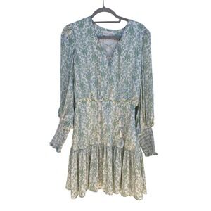 Sachin & Babi Dress Size 8 Green White Damask Print‎ Long Sleeve Mini Tassel